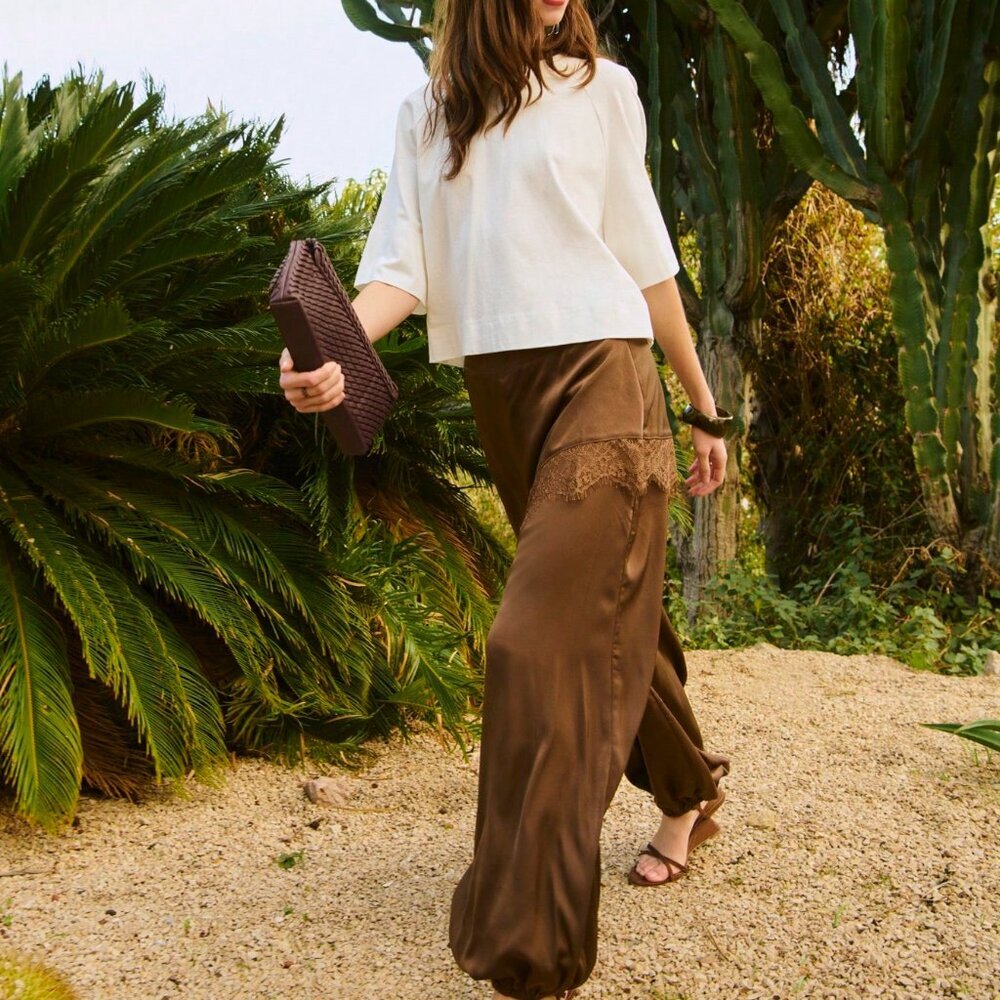 Brown Casual Wide-Leg Women's Flowy Pants with Lace Hem - Picture 2 of 4